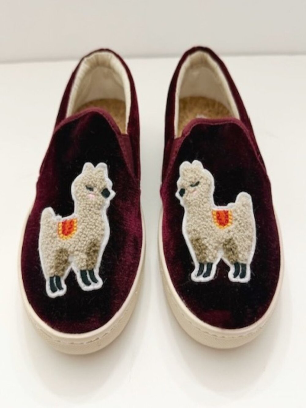 Soludos Anthropologie Velvet Llama Slip-on Sneakers in Burgundy Women's 6 NWOB